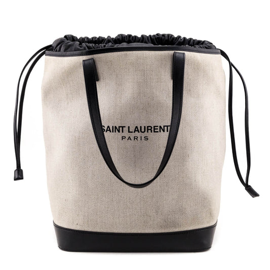 Luxury Saint Laurent Trending 2025 Ivory Canvas & Black Calfskin Teddy Drawstring Shopping Tote