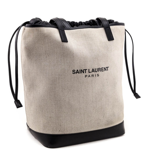 Luxury Saint Laurent Trending 2025 Ivory Canvas & Black Calfskin Teddy Drawstring Shopping Tote