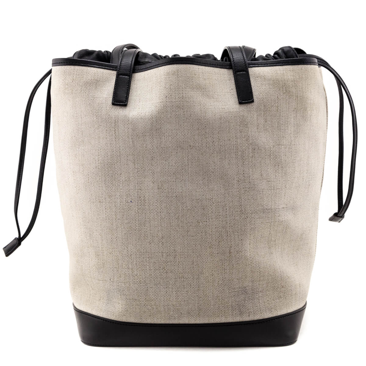 Luxury Saint Laurent Trending 2025 Ivory Canvas & Black Calfskin Teddy Drawstring Shopping Tote