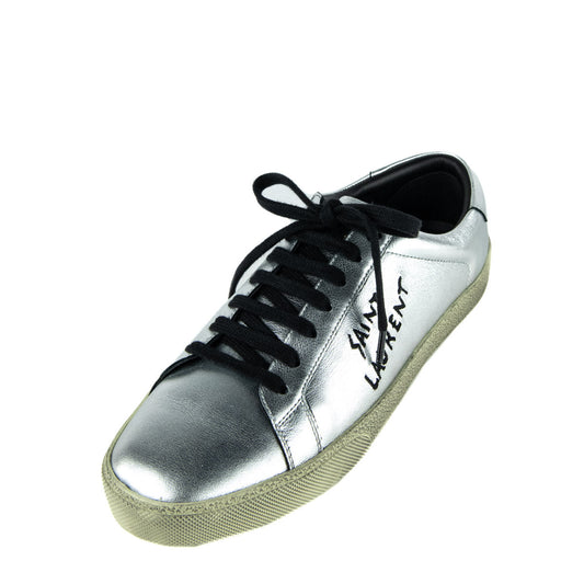 Luxury Saint Laurent Trending 2025 Silver Leather Alpha Sigma Low Top Sneakers Size 11 | EU 41