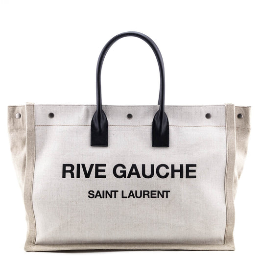 Luxury Saint Laurent Trending 2025 White Linen and Leather Rive Gauche Noe Tote
