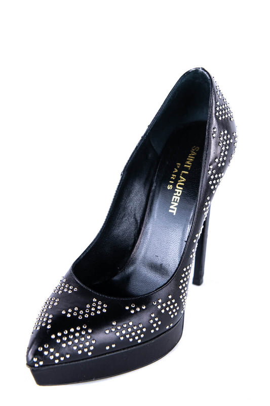 Luxury Saint Laurent Trending 2025 Black Leather Studded Platform Pumps Size US 6.5 | EU 36.5