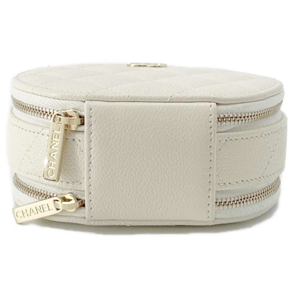 Chanel Caviar White  Top Handle Small Round Vanity Case Gold Hardware,
