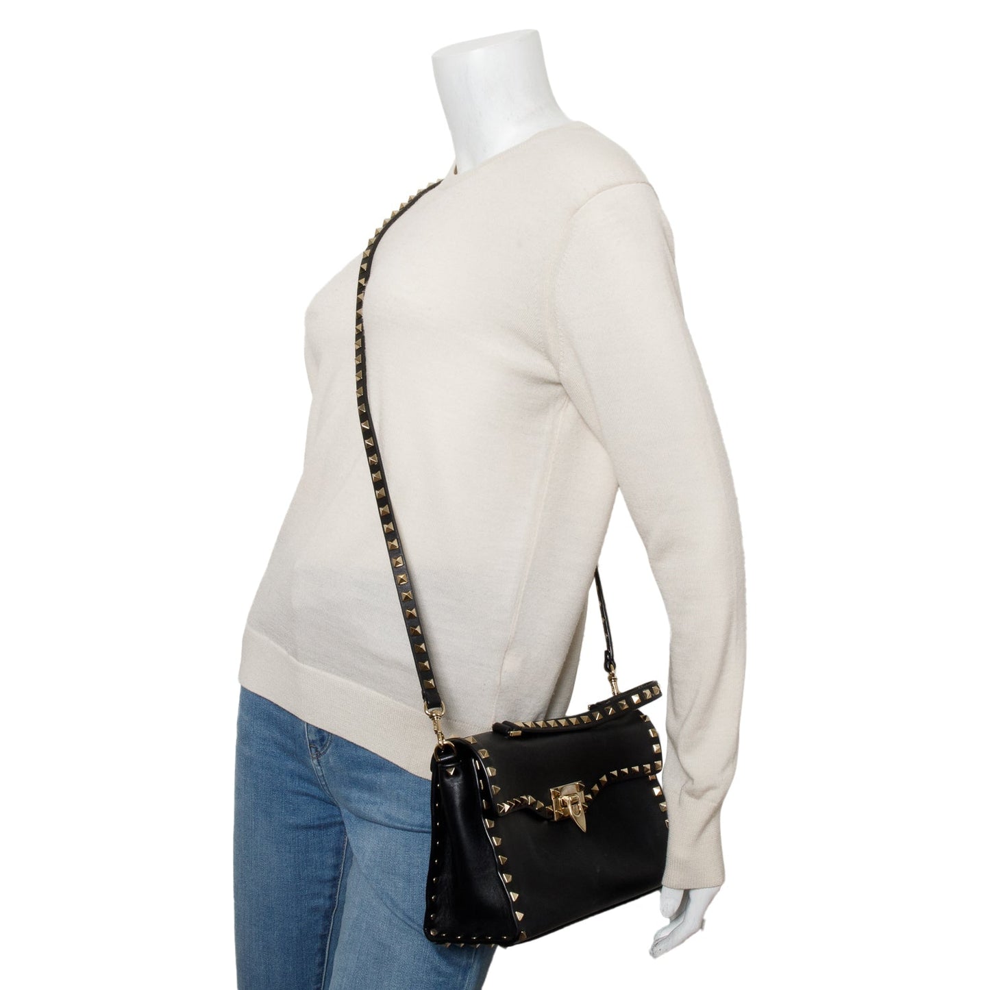 Valentino Black Smooth Calfskin Rockstud Top Handle Bag
