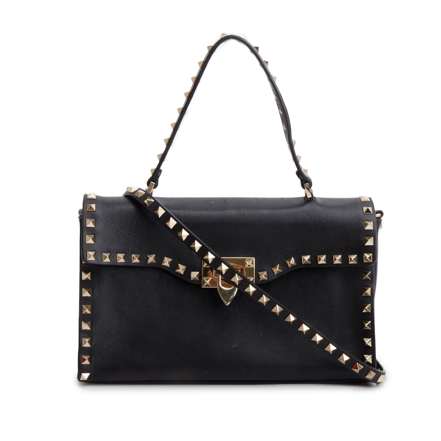 Valentino Black Smooth Calfskin Rockstud Top Handle Bag