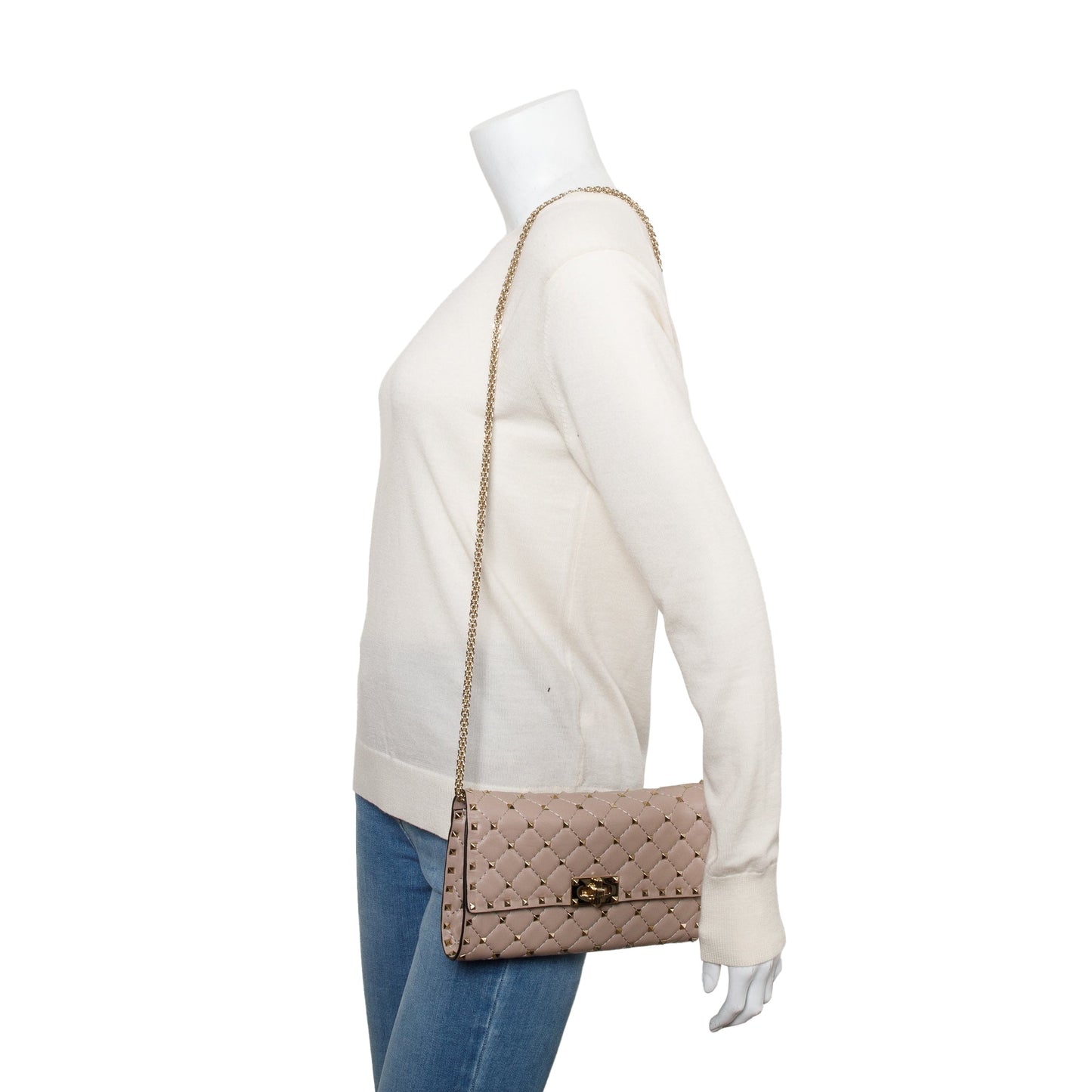Valentino Beige Calfskin Leather Rockstud Spike Wallet On Chain