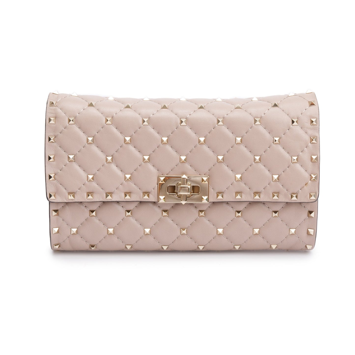 Valentino Beige Calfskin Leather Rockstud Spike Wallet On Chain