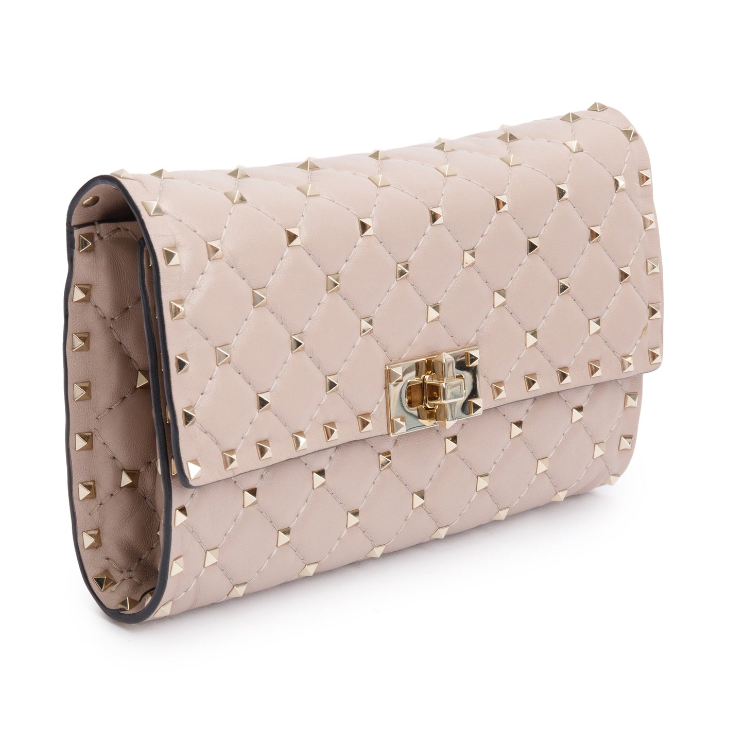 Valentino Beige Calfskin Leather Rockstud Spike Wallet On Chain