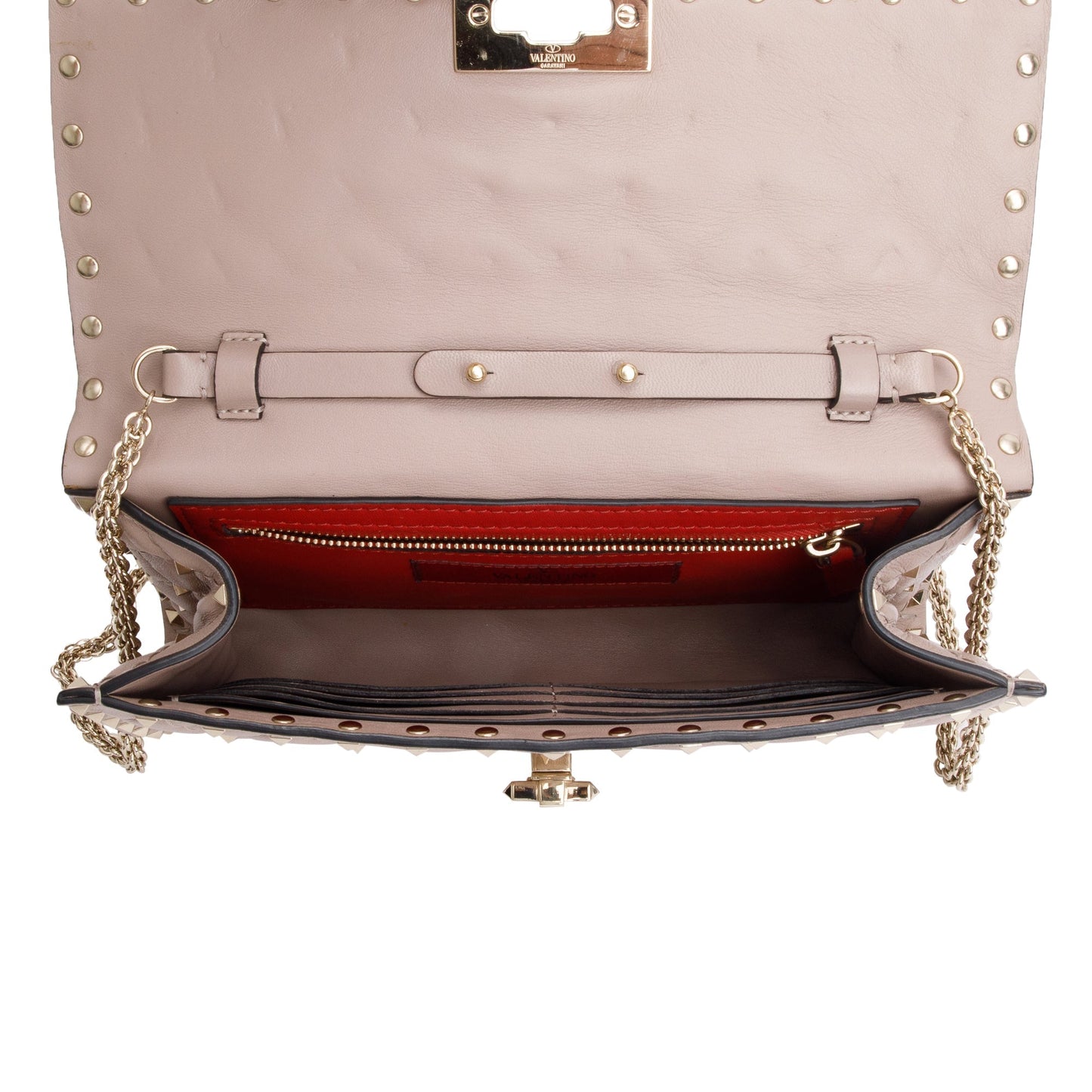 Valentino Beige Calfskin Leather Rockstud Spike Wallet On Chain