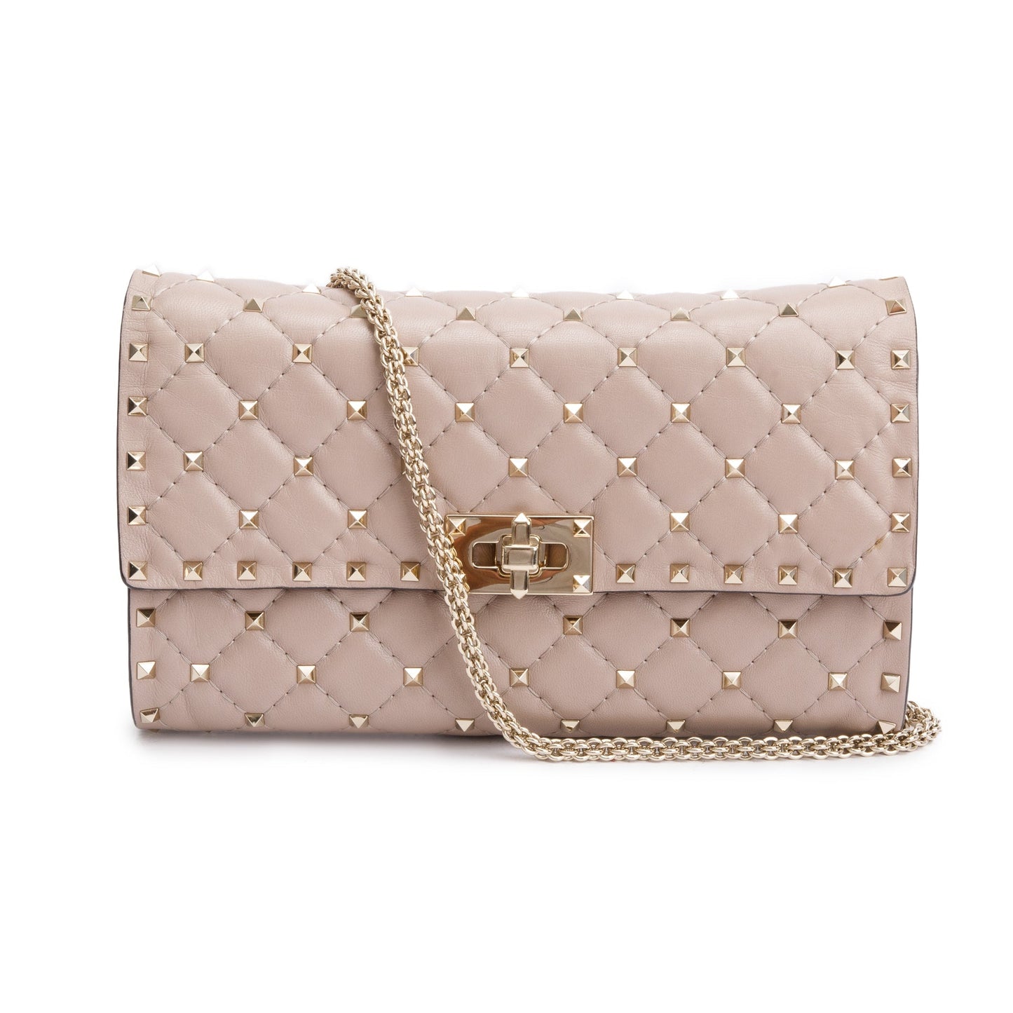 Valentino Beige Calfskin Leather Rockstud Spike Wallet On Chain