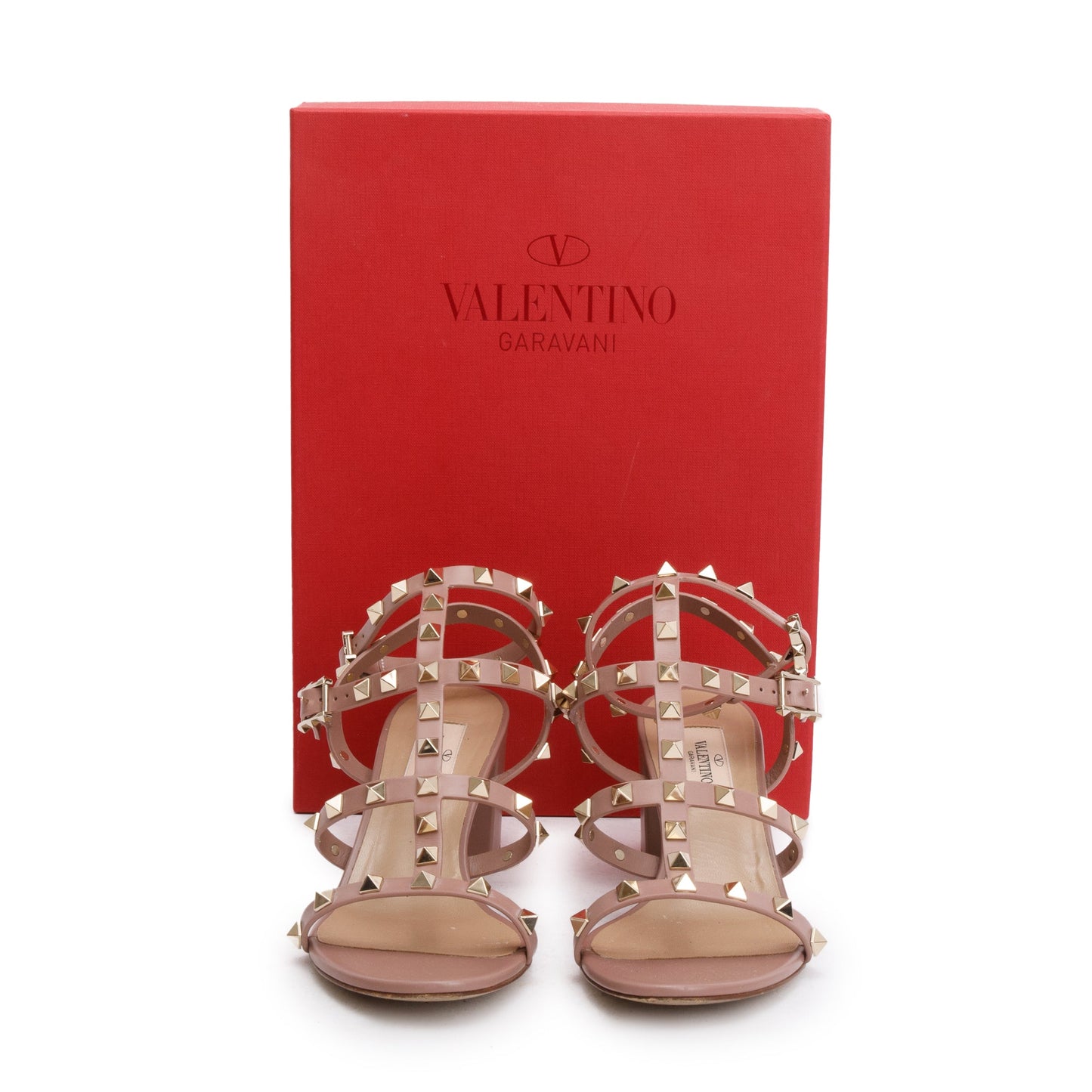 Valentino Beige Calfskin Rockstud Ankle Strap Sandals, Size 37