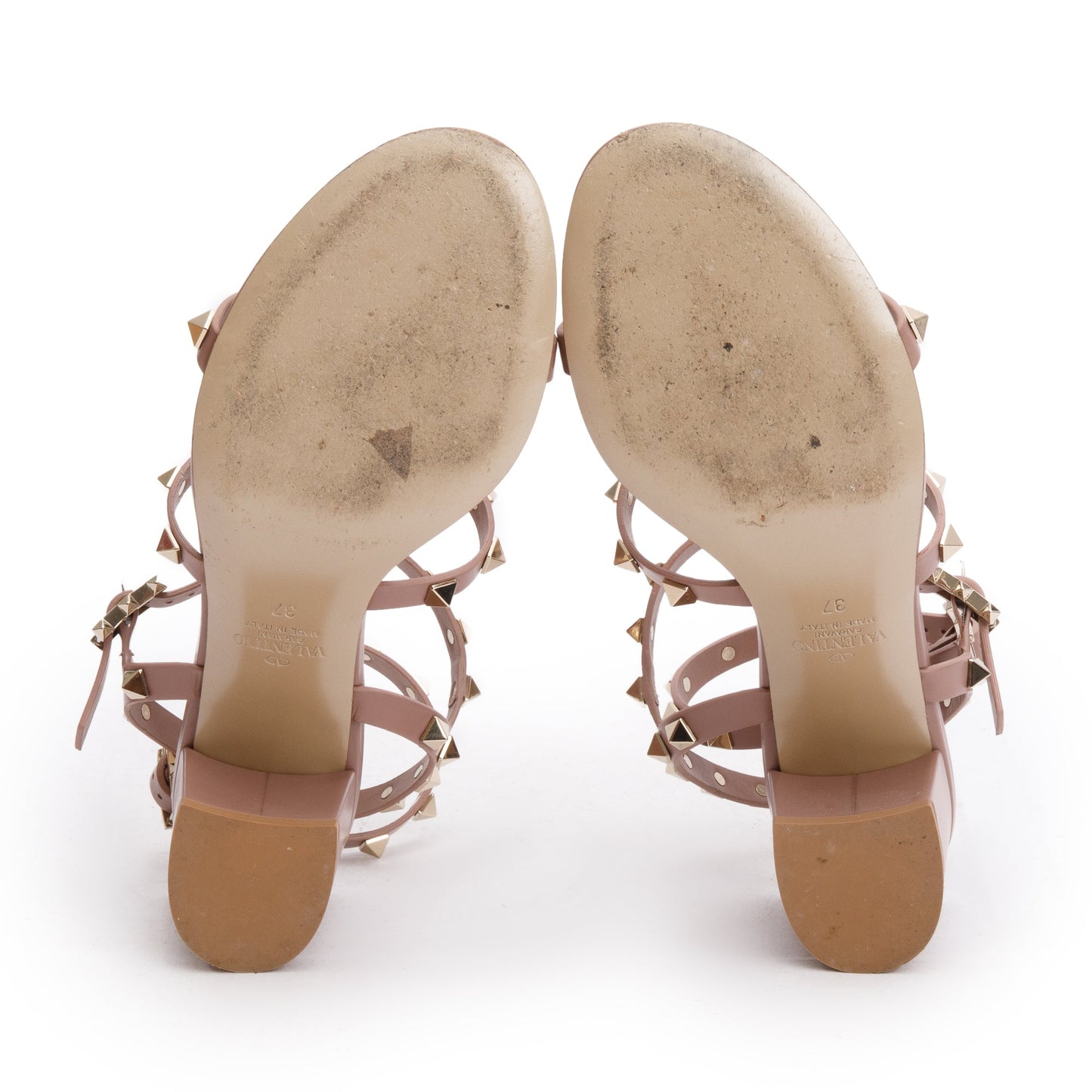Valentino Beige Calfskin Rockstud Ankle Strap Sandals, Size 37