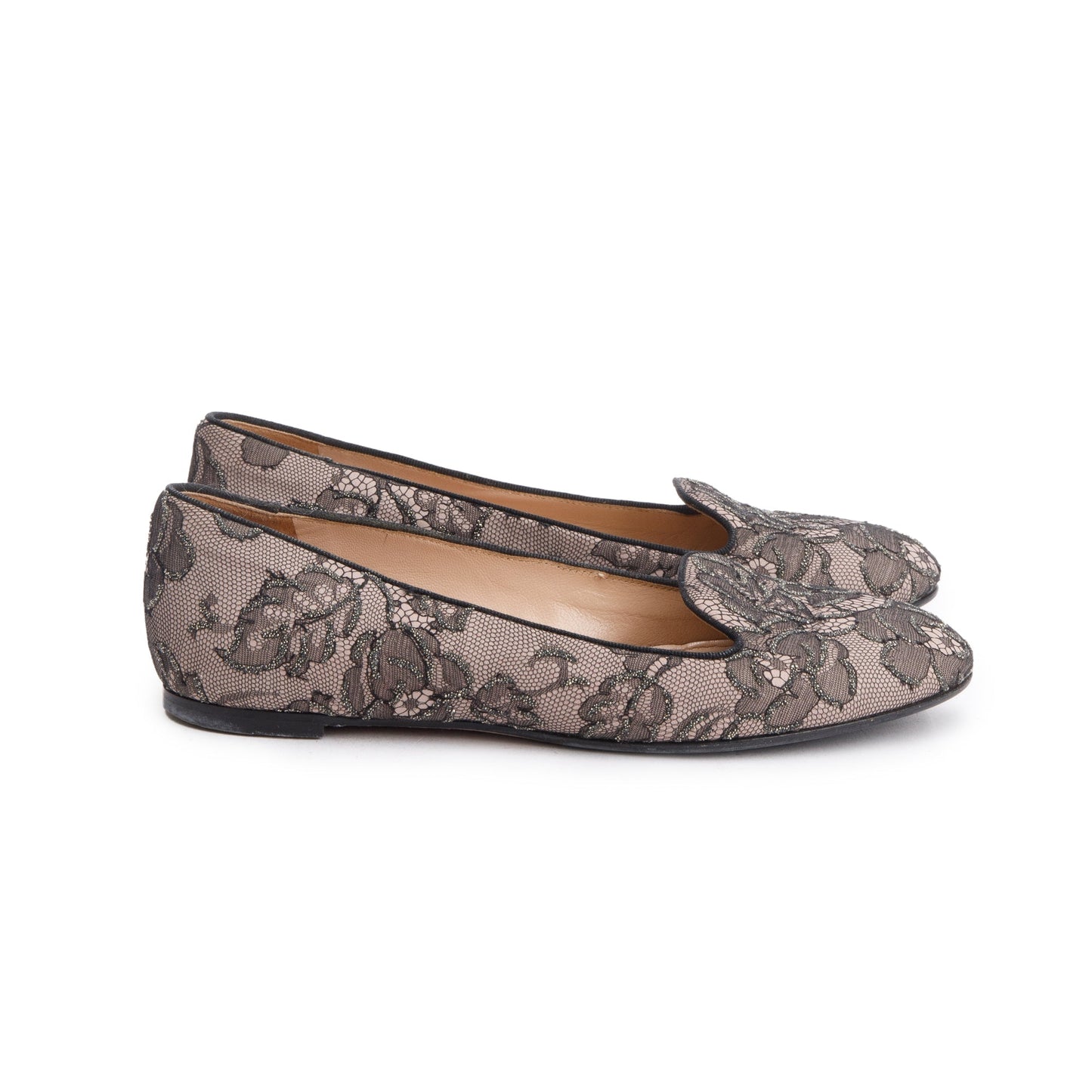 Valentino Beige Glitter Lace Flat Loafers, Size 36
