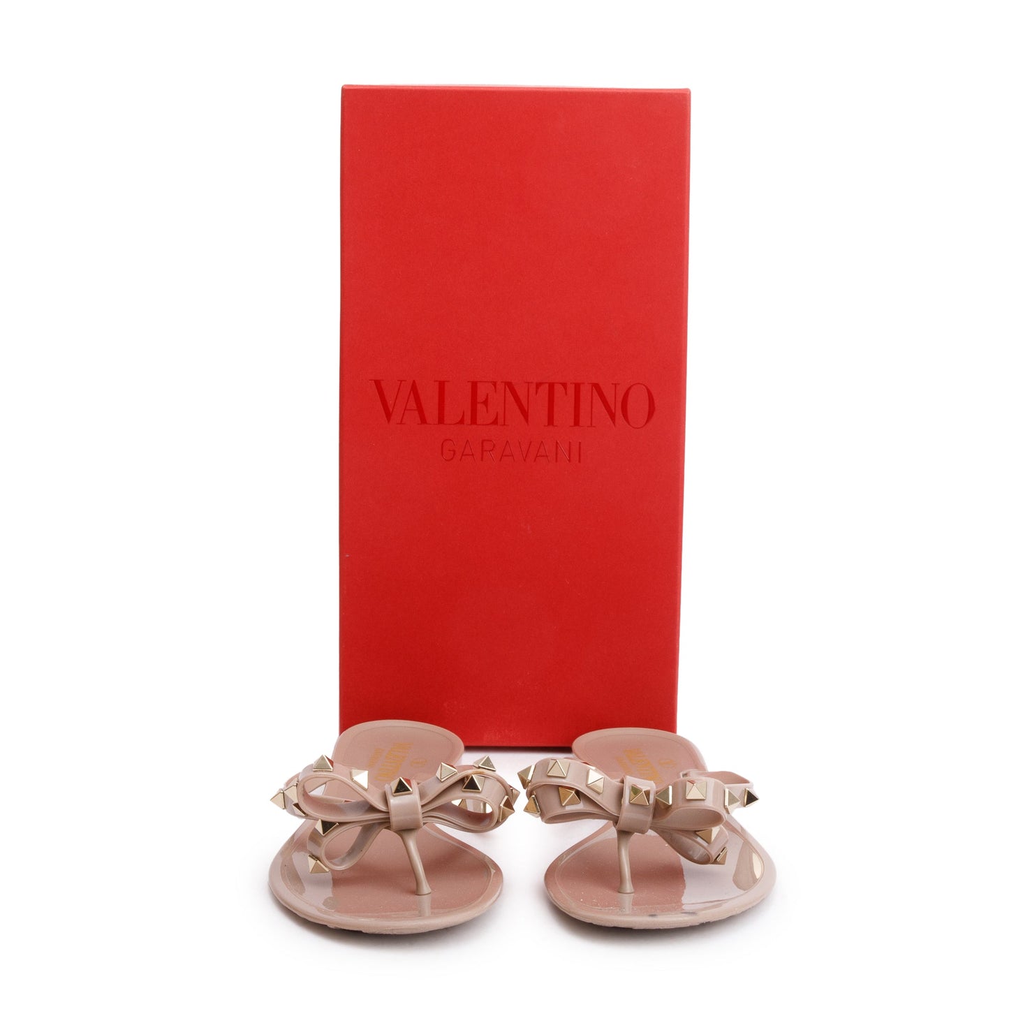 Valentino Beige Rubber Bow Rockstud Jelly Thong Sandals, Size 38