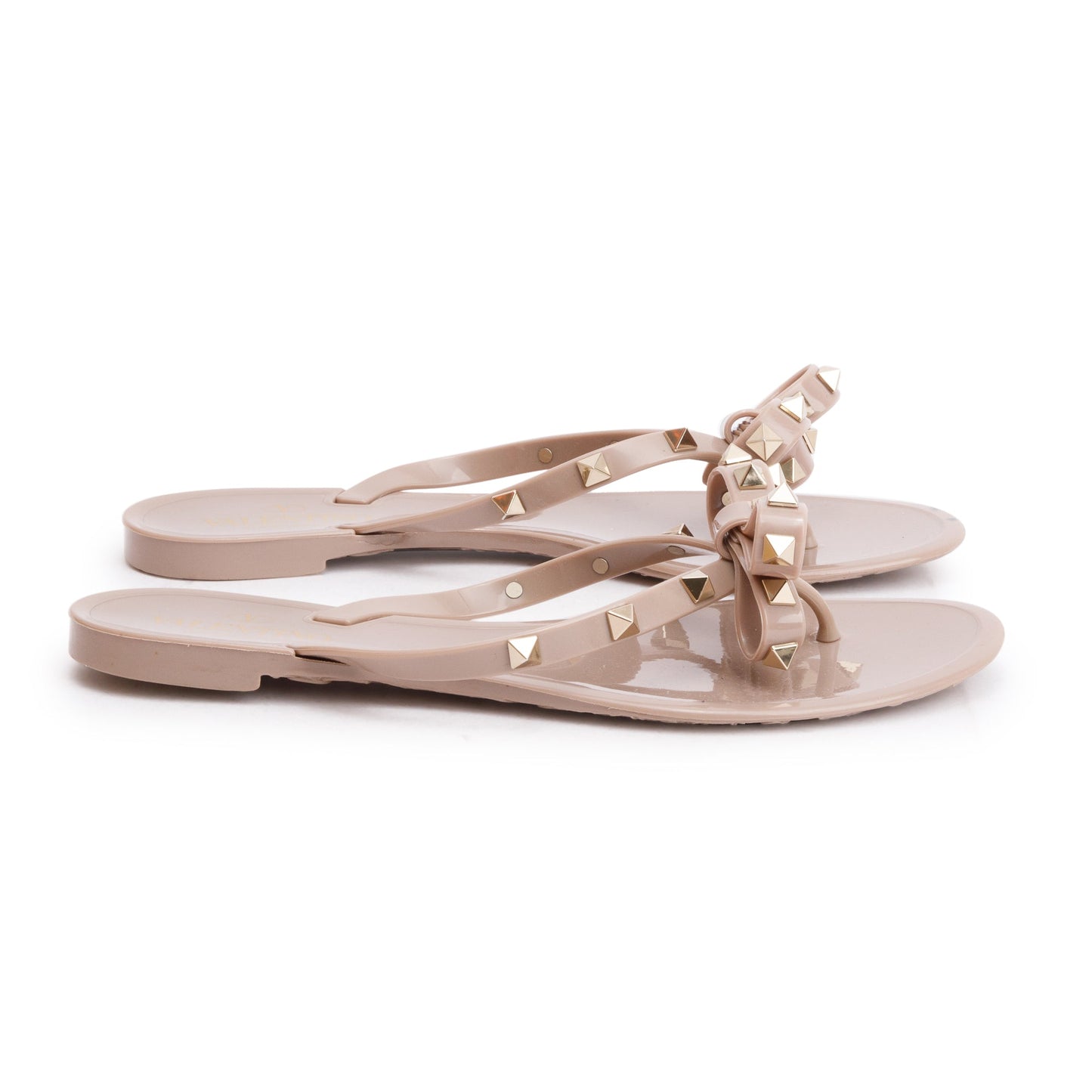 Valentino Beige Rubber Bow Rockstud Jelly Thong Sandals, Size 38