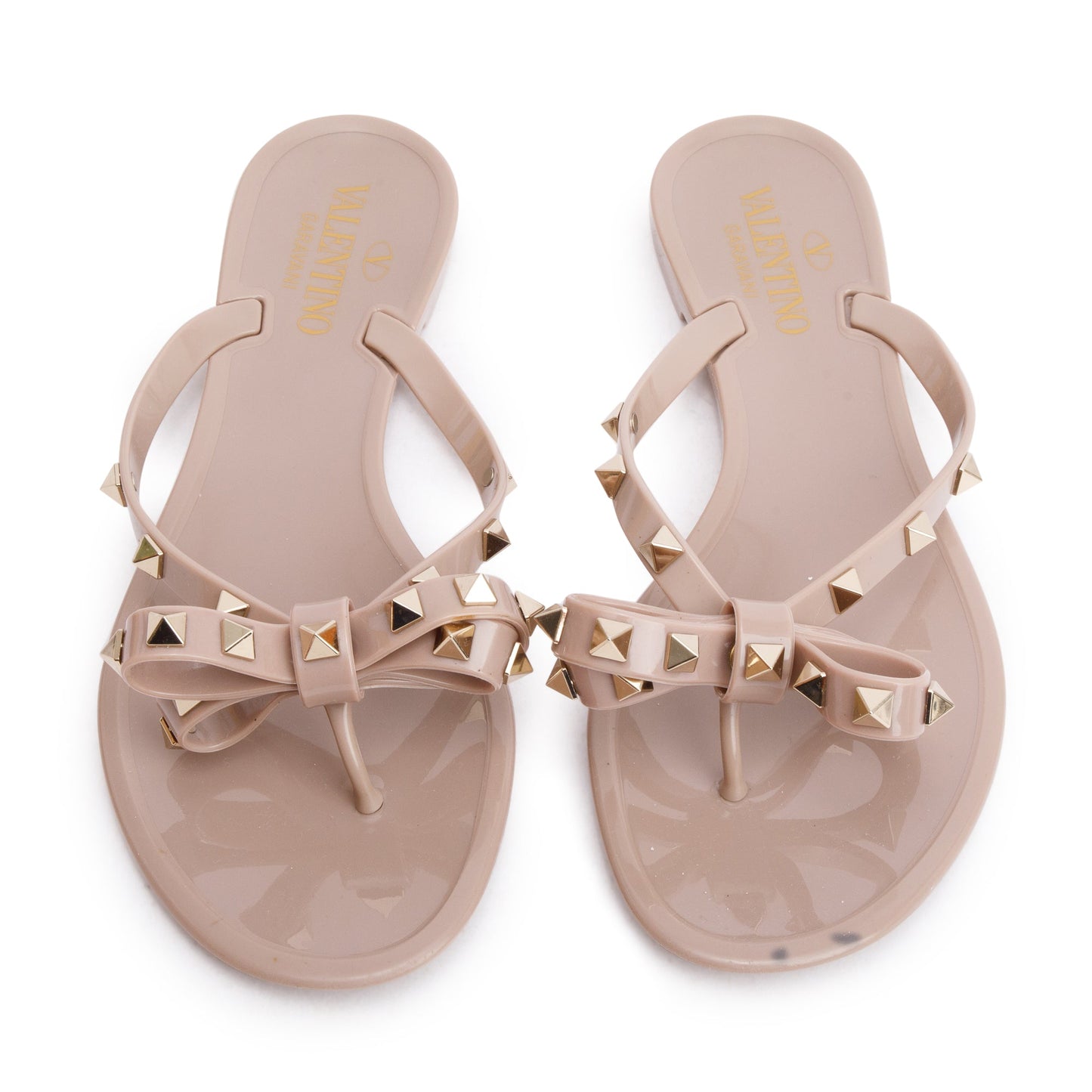 Valentino Beige Rubber Bow Rockstud Jelly Thong Sandals, Size 38