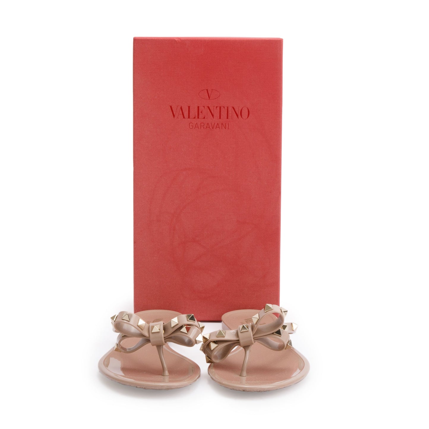 Valentino Beige Rubber Bow Rockstud Jelly Thong Sandals, Size 40