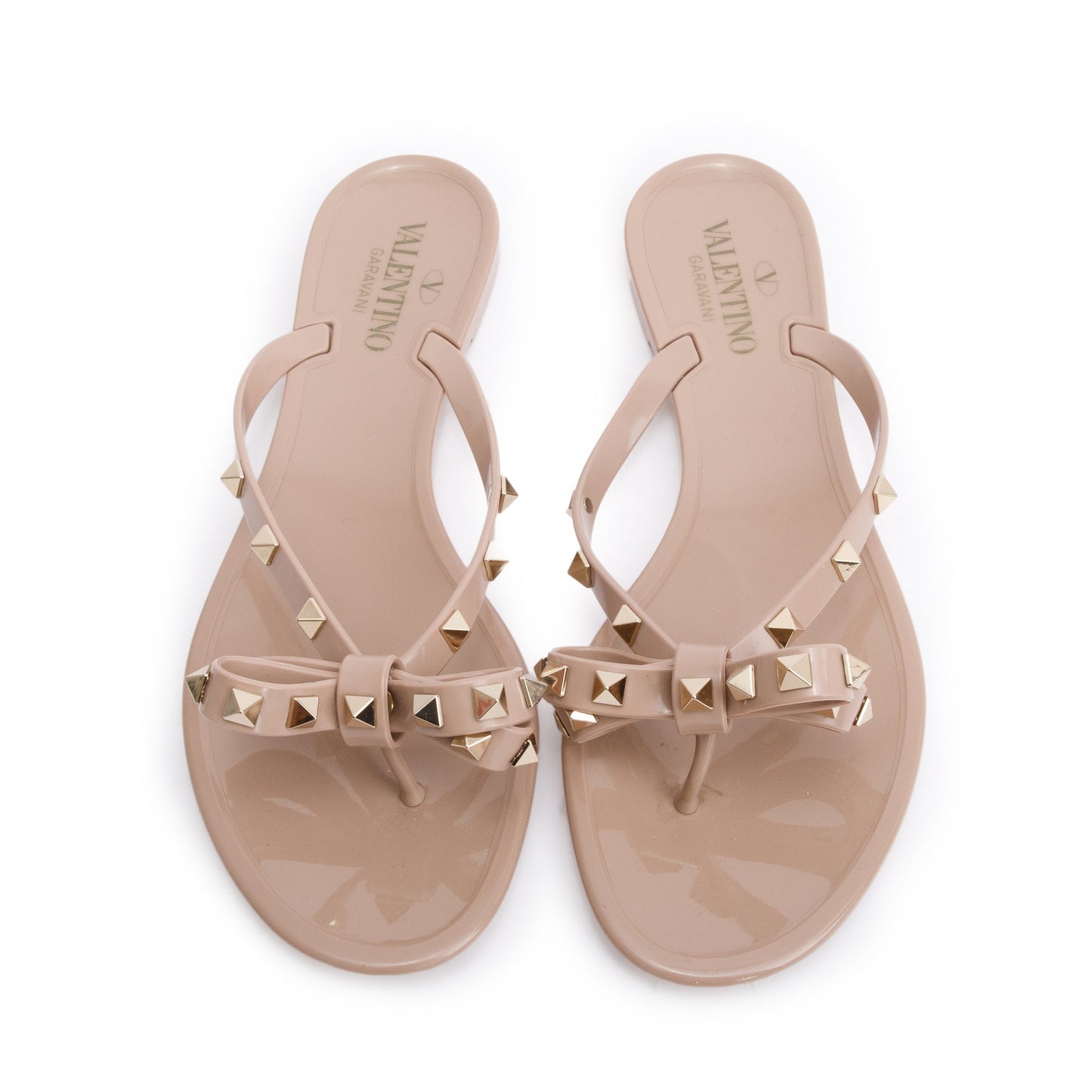 Valentino Beige Rubber Bow Rockstud Jelly Thong Sandals, Size 40