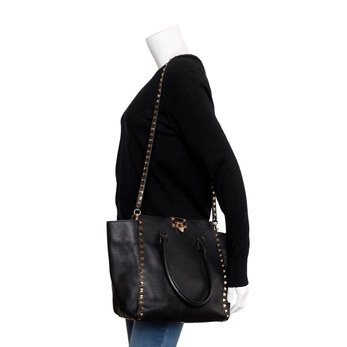 Valentino Black Calfskin Leather Medium Rockstud Tote Bag