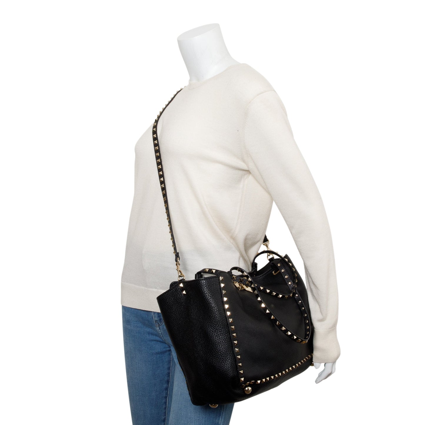 Valentino Black Calfskin Leather Medium Rockstud Tote Bag