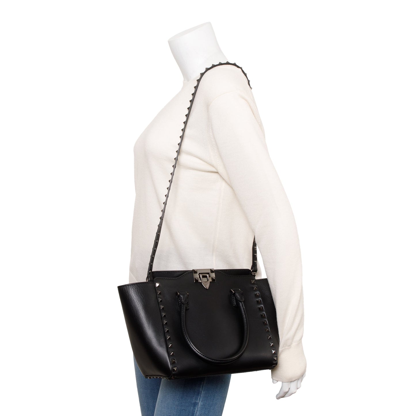 Valentino Black Calfskin Leather Small Rockstud Tote Bag