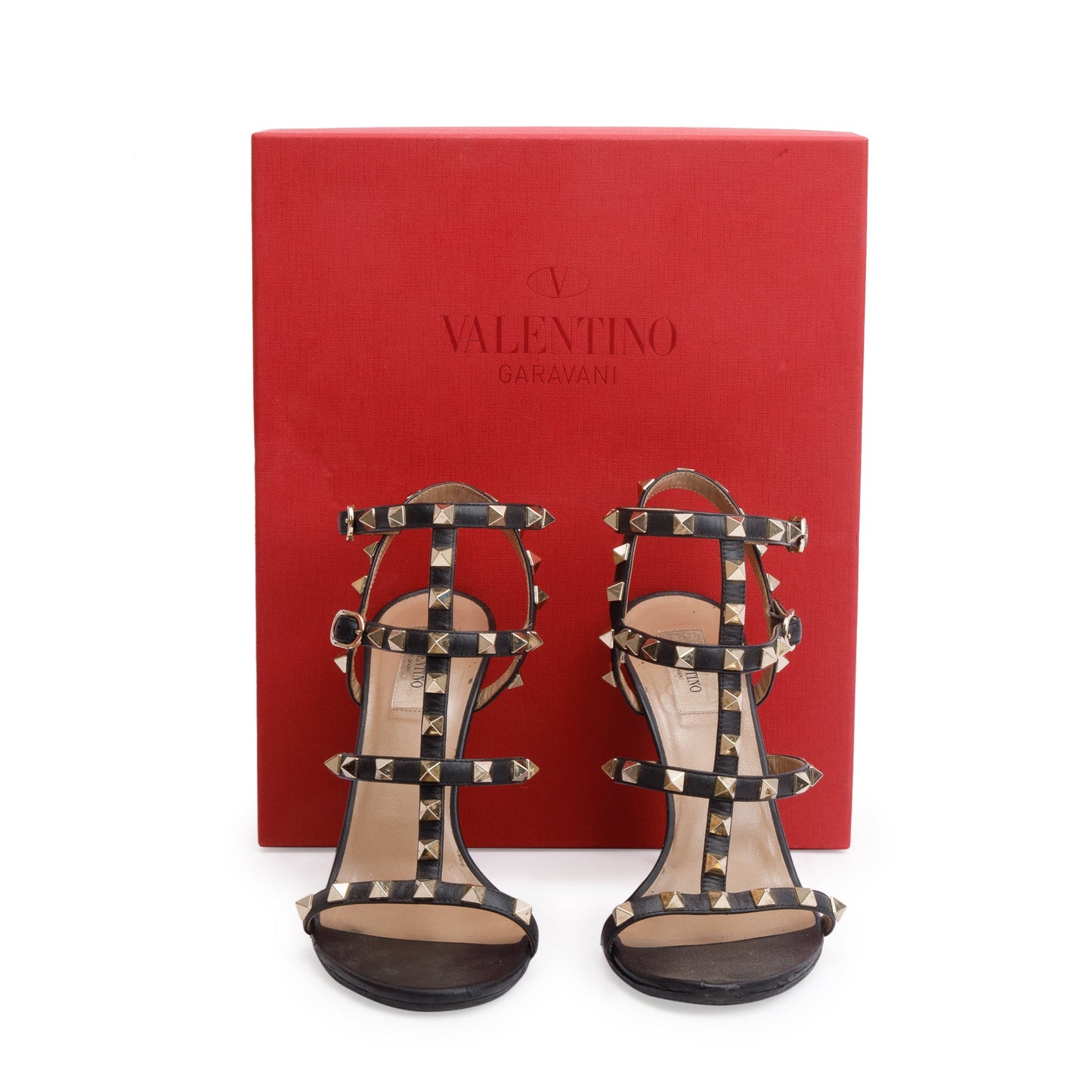 Valentino Black Calfskin Rockstud Ankle Strap Heeled Sandals, Size 39