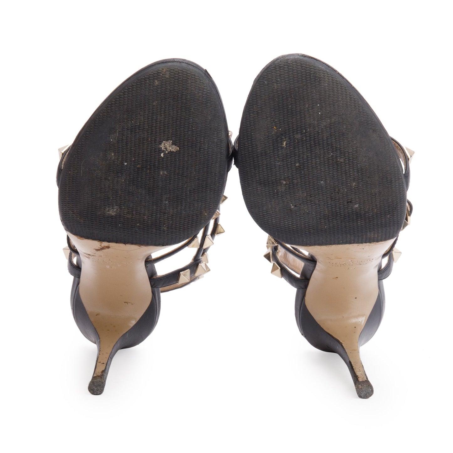 Valentino Black Calfskin Rockstud Ankle Strap Heeled Sandals, Size 39