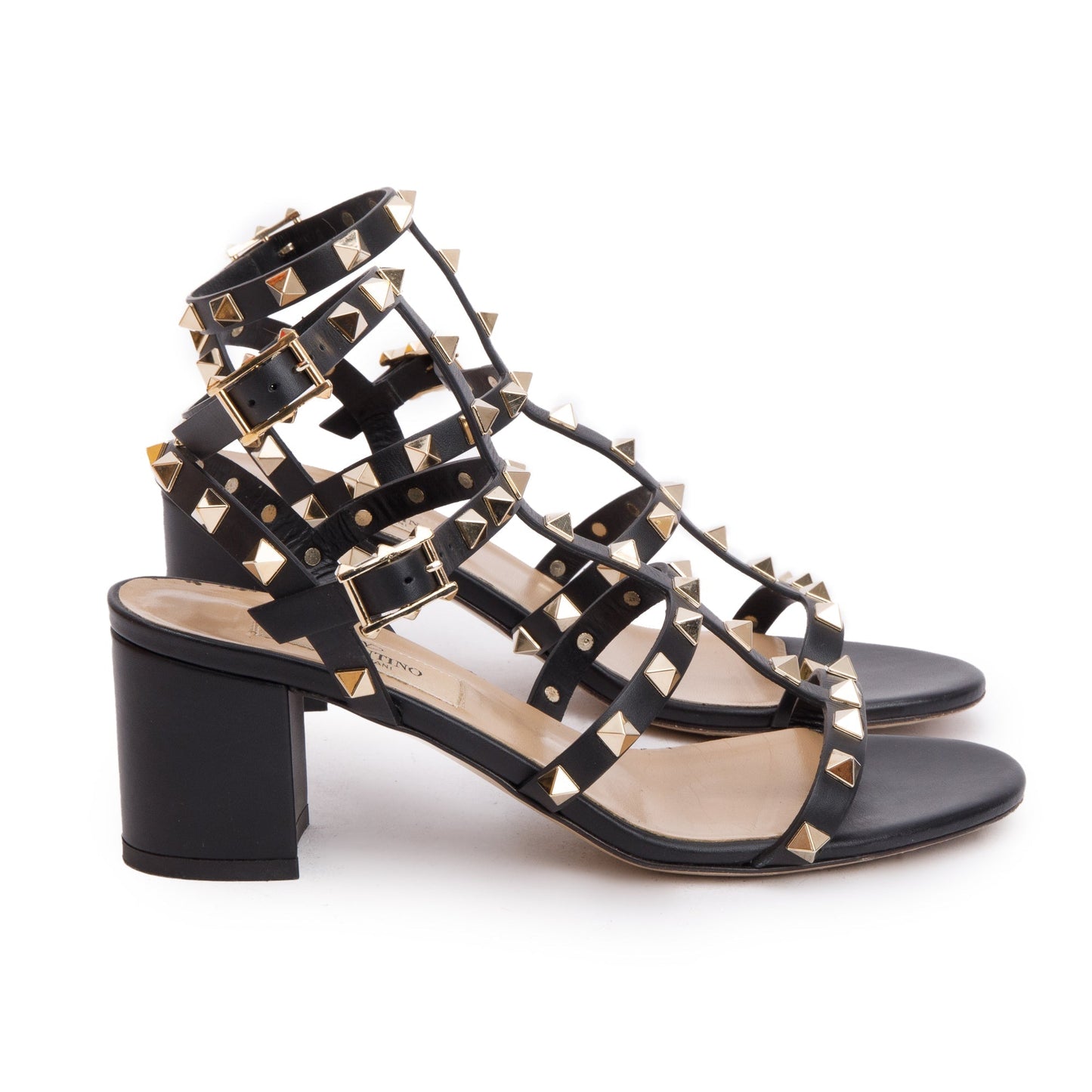 Valentino Black Calfskin Rockstud Ankle Strap Sandals, Size 35