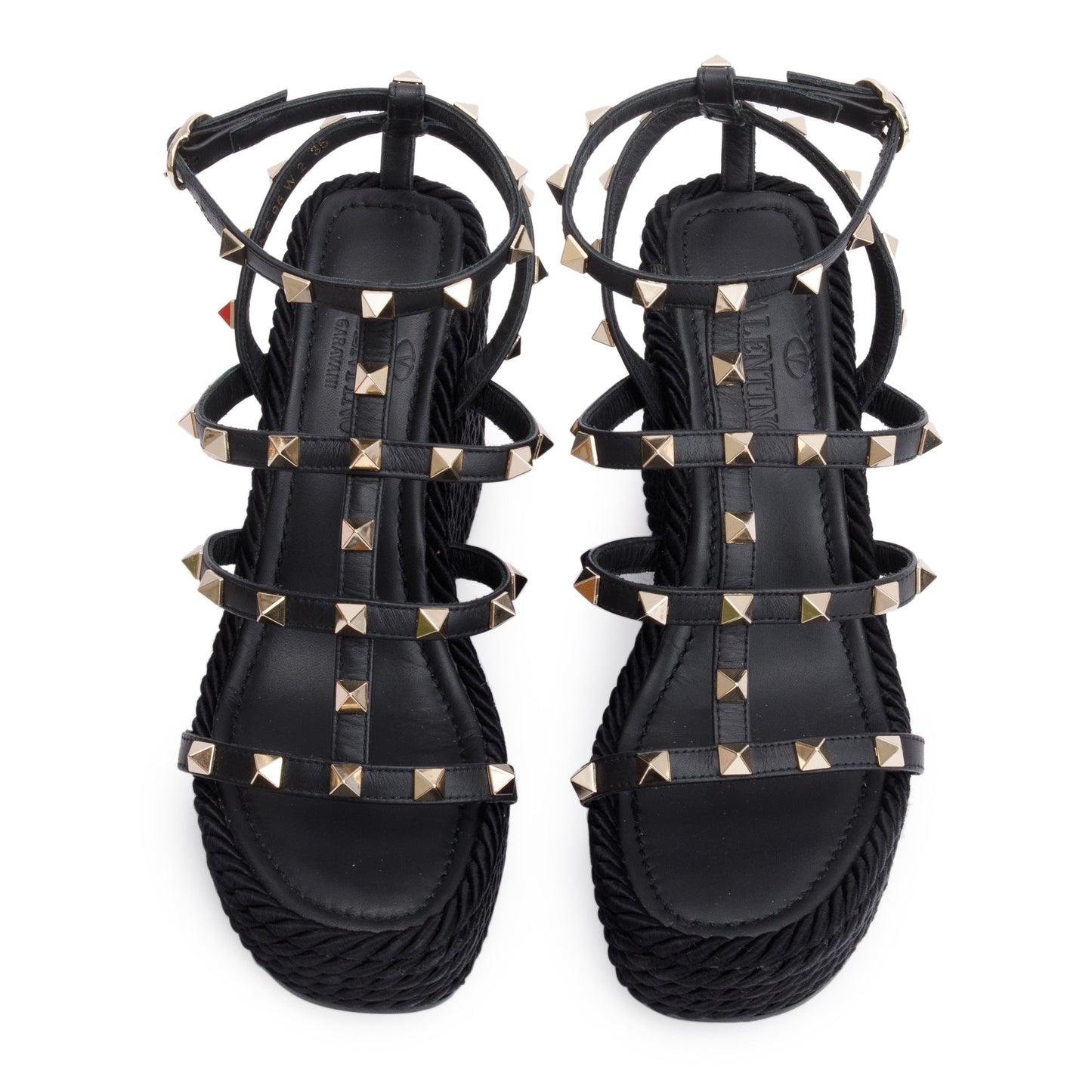 Valentino Black Calfskin Rockstud Ankle Strap Wedge Sandals, Size 35