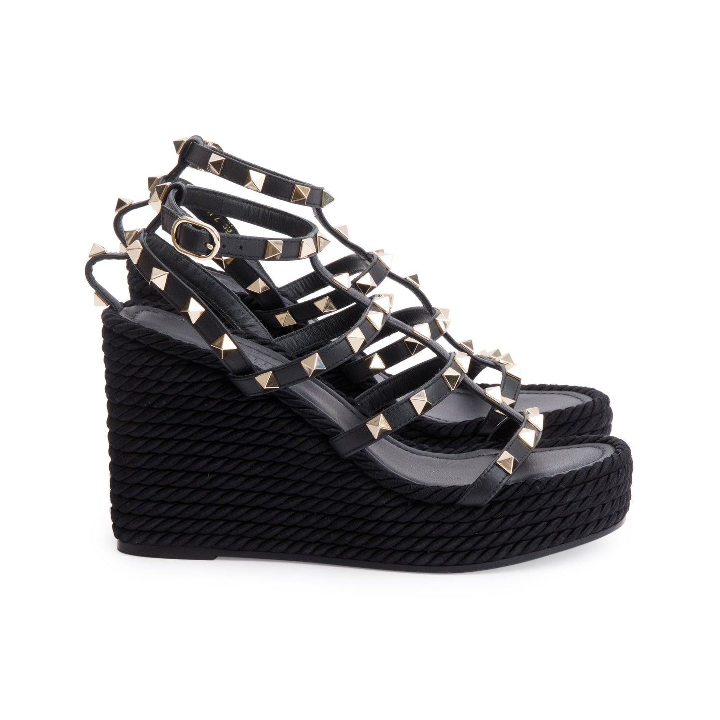 Valentino Black Calfskin Rockstud Ankle Strap Wedge Sandals, Size 35