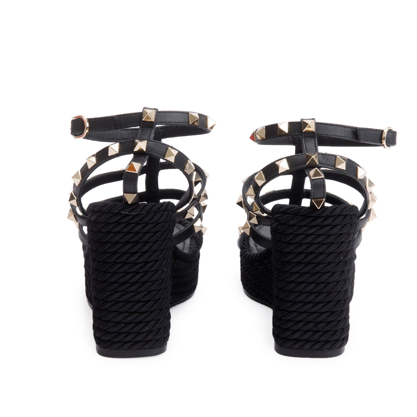 Valentino Black Calfskin Rockstud Ankle Strap Wedge Sandals, Size 35