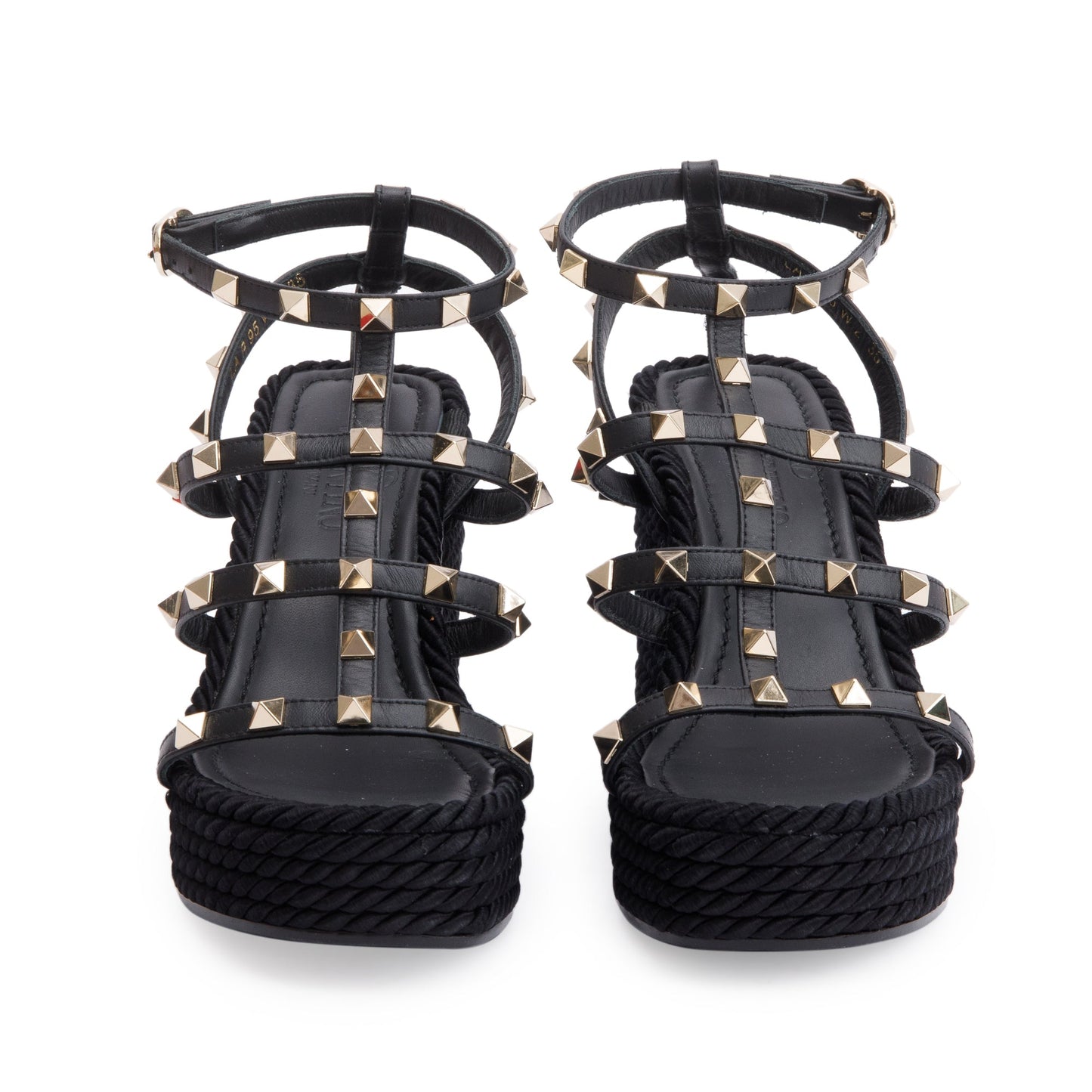 Valentino Black Calfskin Rockstud Ankle Strap Wedge Sandals, Size 35