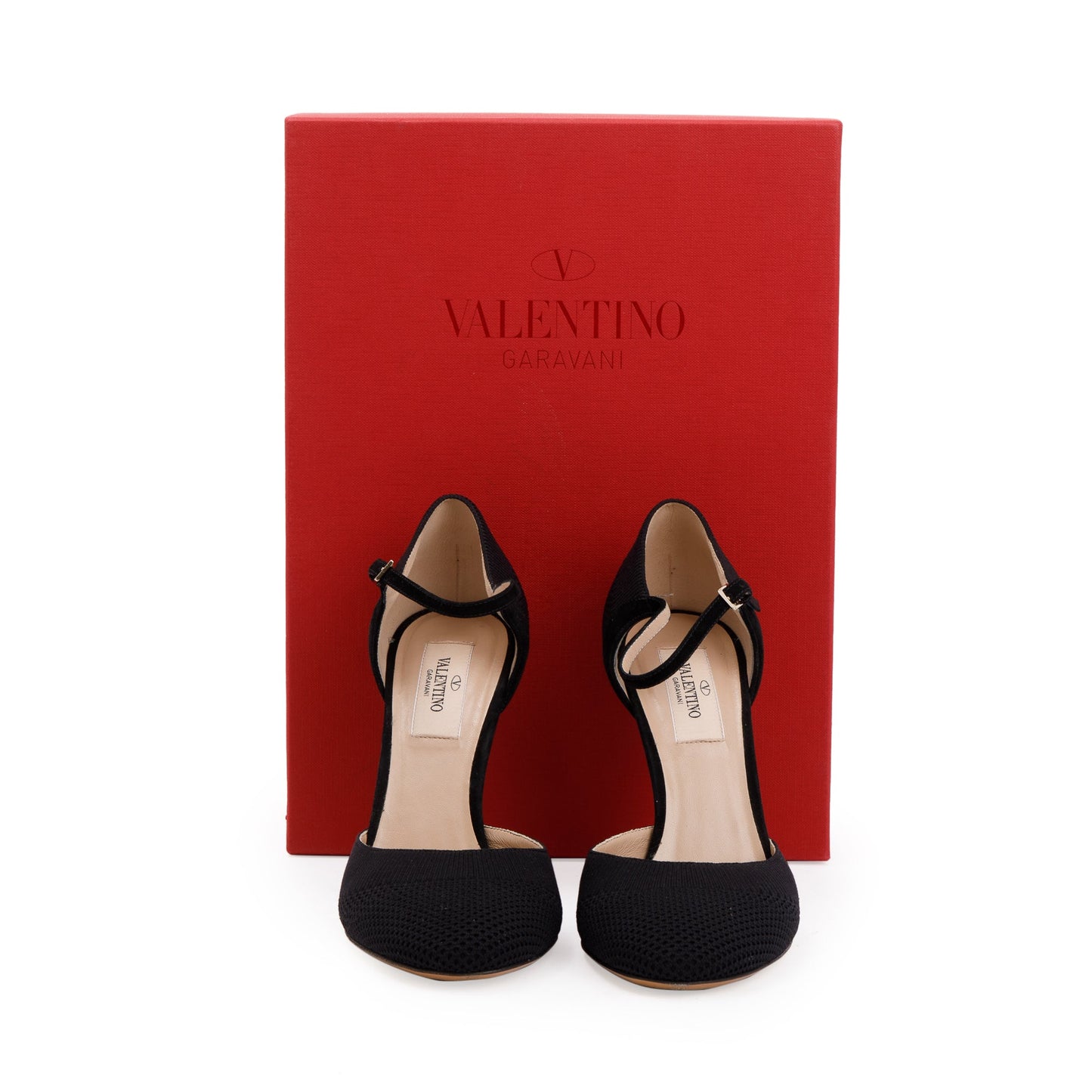 Valentino Black Leather & Knit Mary Jane Pumps, Size 36.5