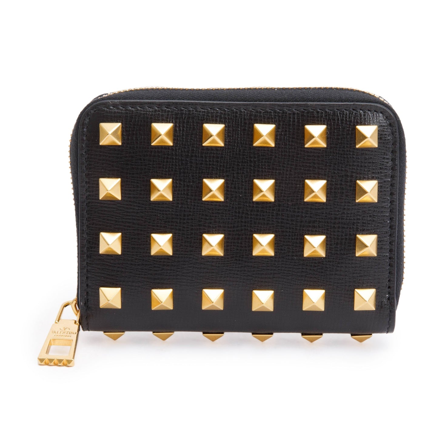 Valentino Black Leather Rockstud Spike Zip Around Card Holder Wallet