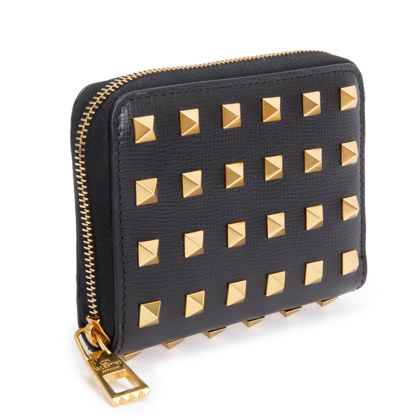 Valentino Black Leather Rockstud Spike Zip Around Card Holder Wallet
