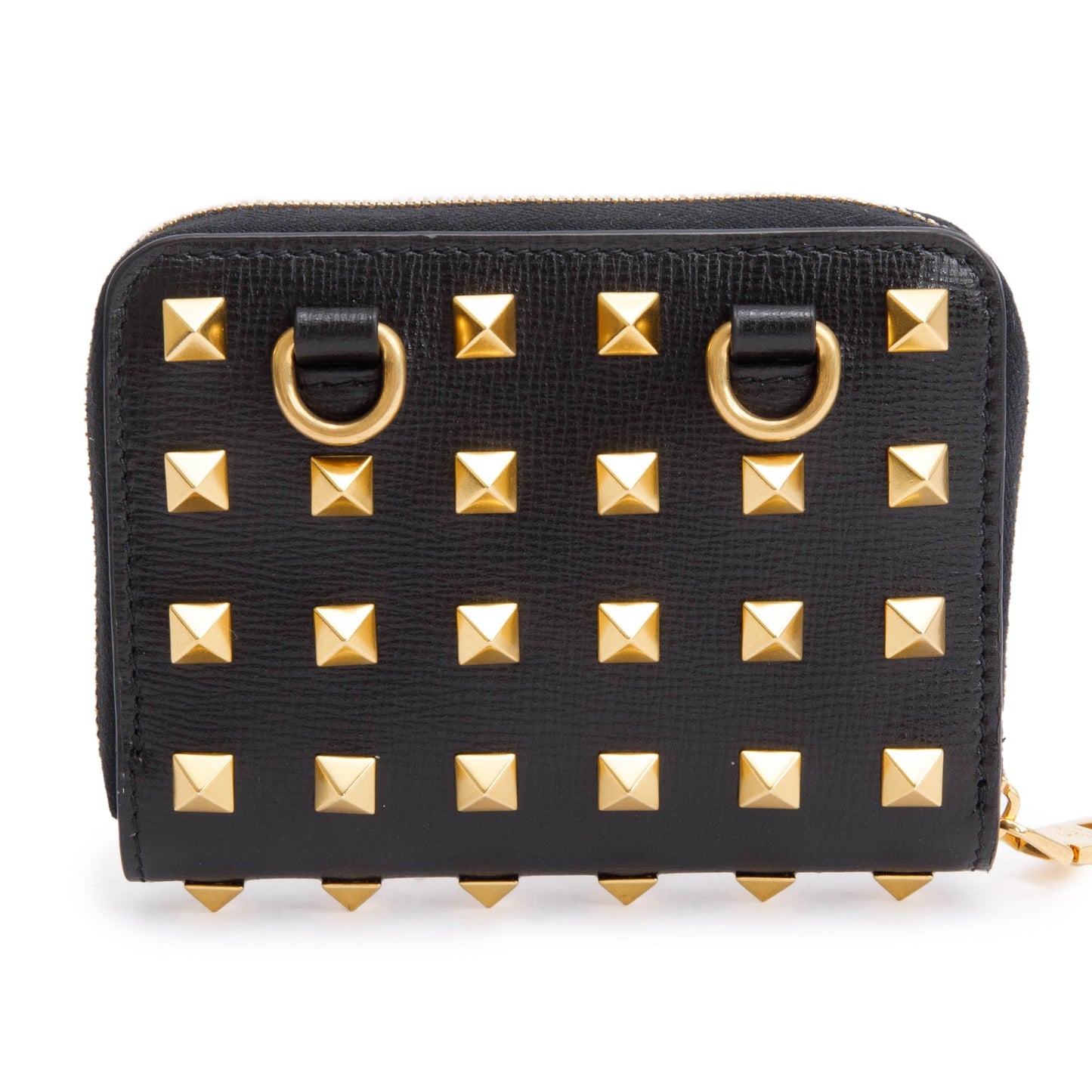 Valentino Black Leather Rockstud Spike Zip Around Card Holder Wallet