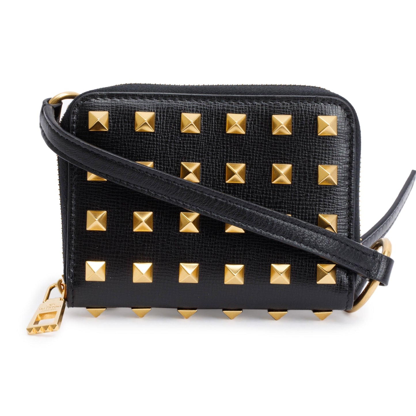 Valentino Black Leather Rockstud Spike Zip Around Card Holder Wallet
