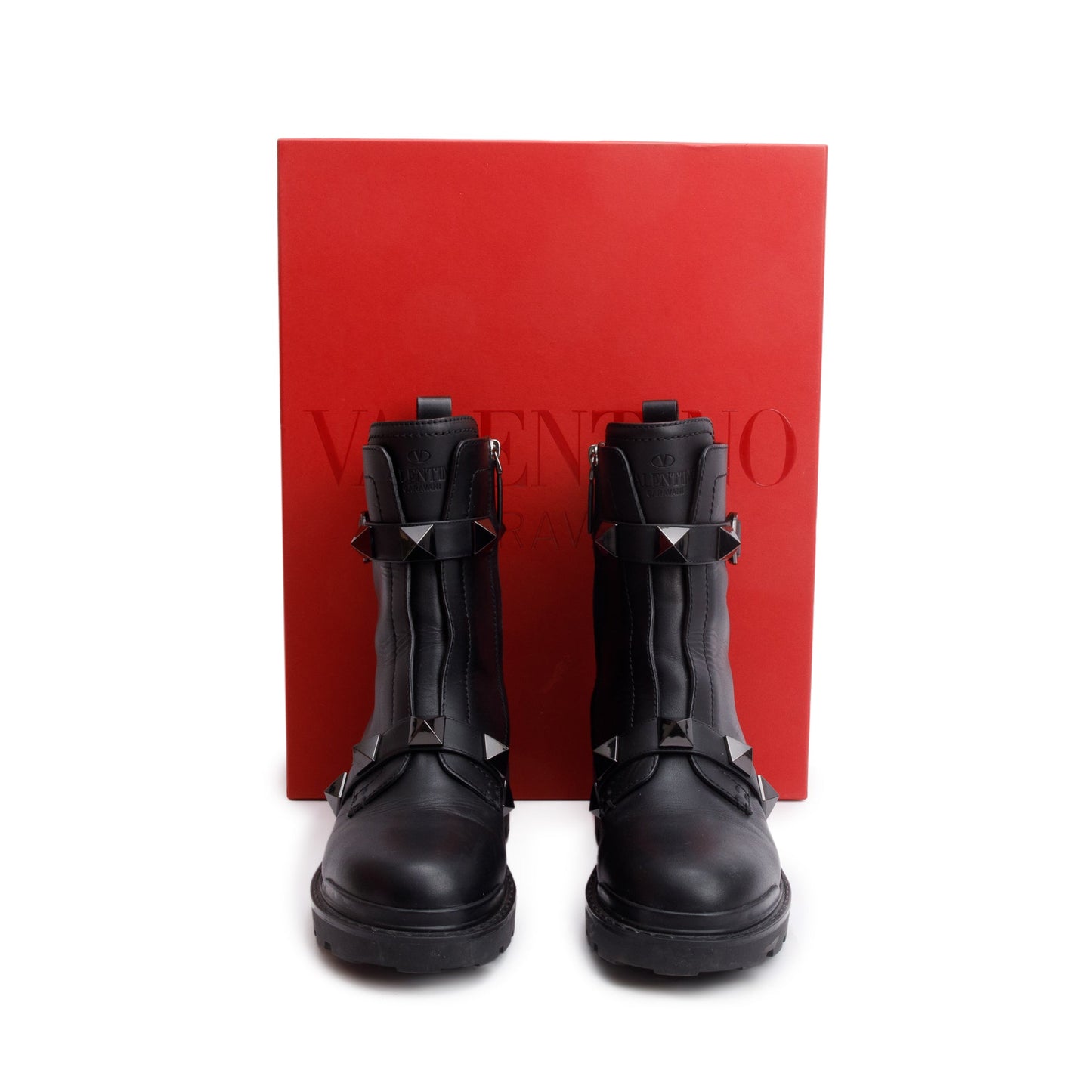 Valentino Black Leather Tonal Roman Studs Combat Boots, Size 41
