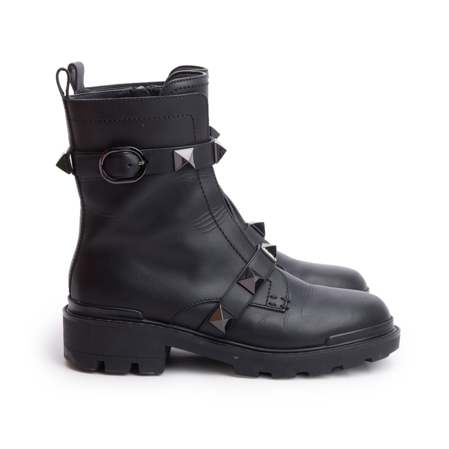Valentino Black Leather Tonal Roman Studs Combat Boots, Size 41