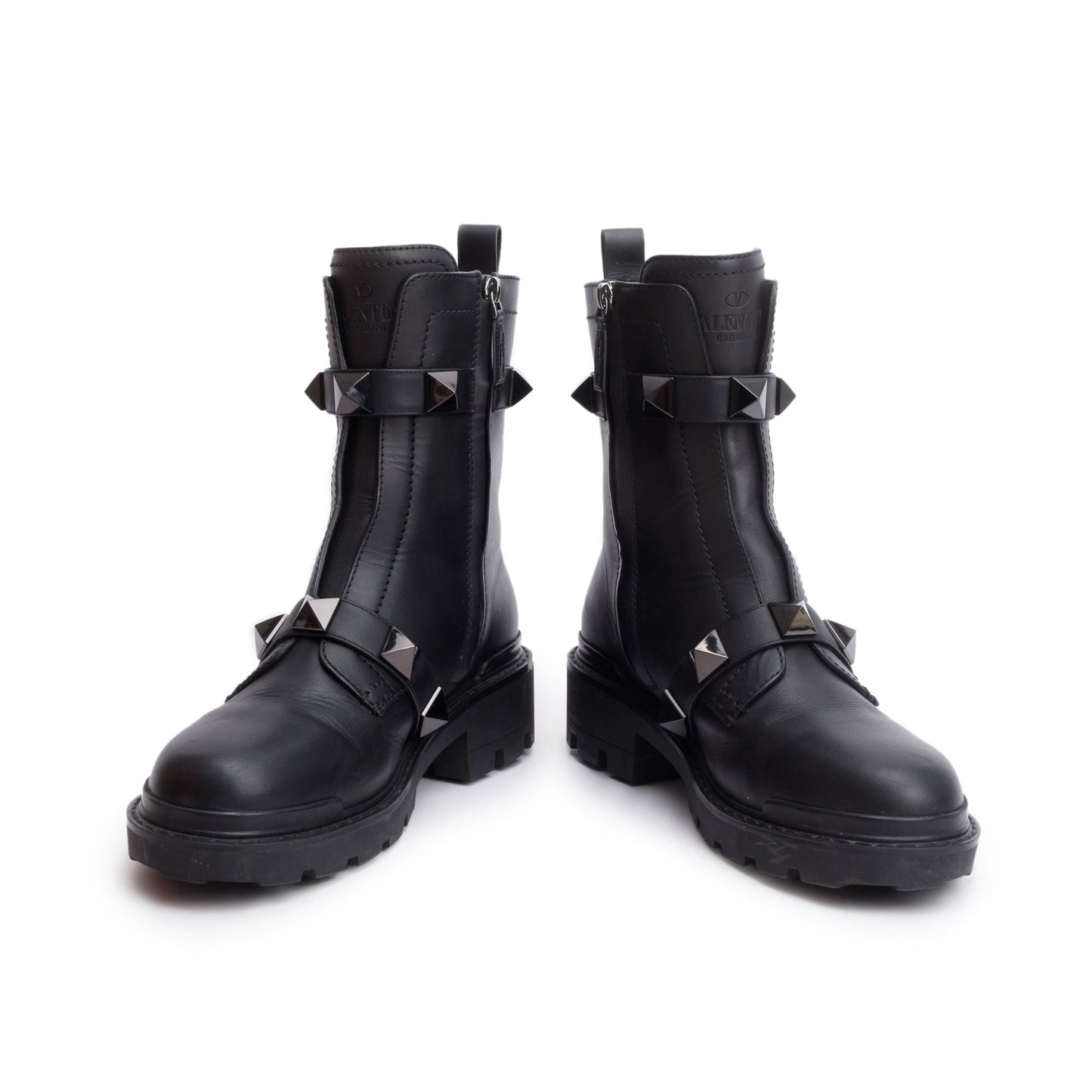 Valentino Black Leather Tonal Roman Studs Combat Boots, Size 41