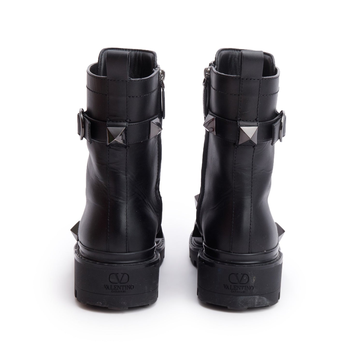 Valentino Black Leather Tonal Roman Studs Combat Boots, Size 41