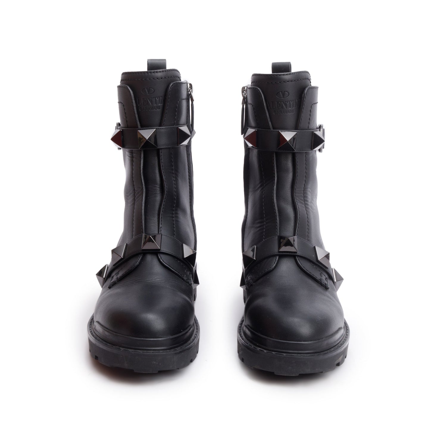 Valentino Black Leather Tonal Roman Studs Combat Boots, Size 41