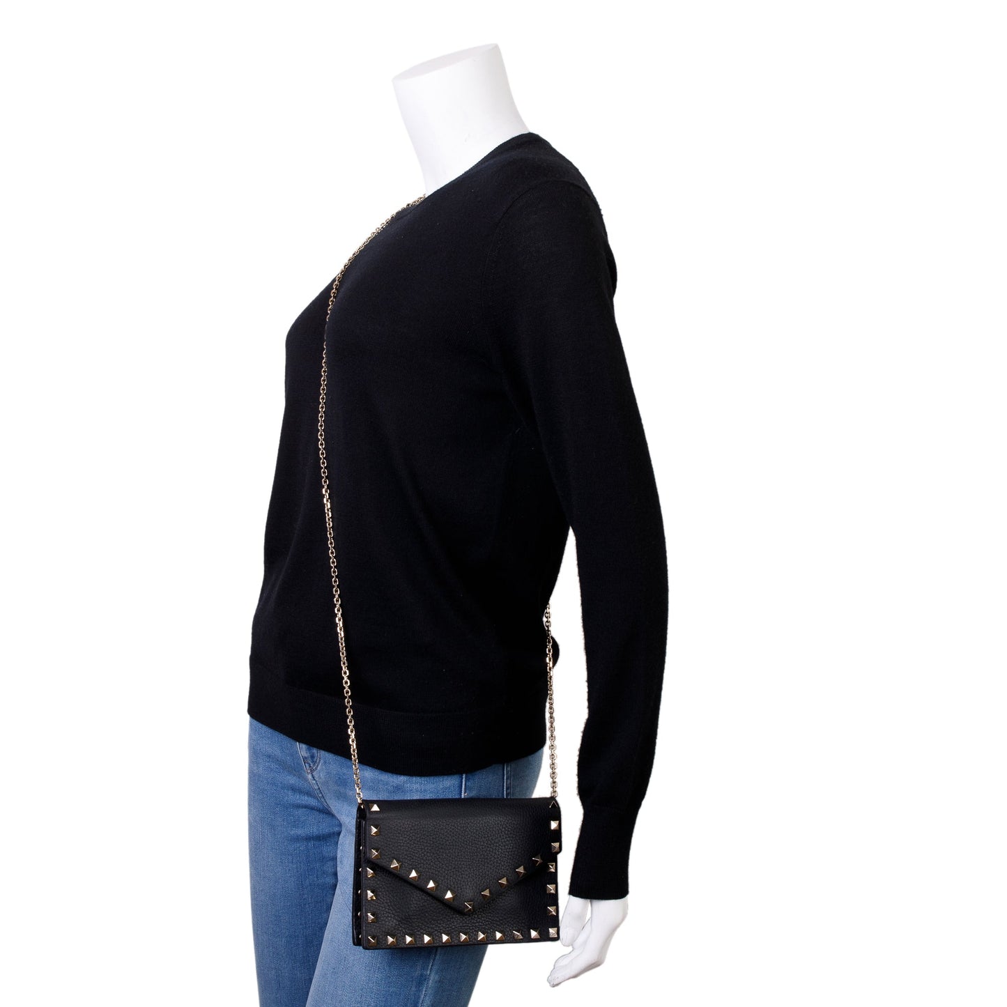 Valentino Black Pebbled Calfskin Rockstud Envelope Wallet on Chain
