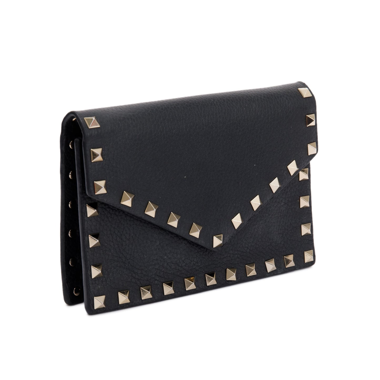 Valentino Black Pebbled Calfskin Rockstud Envelope Wallet on Chain
