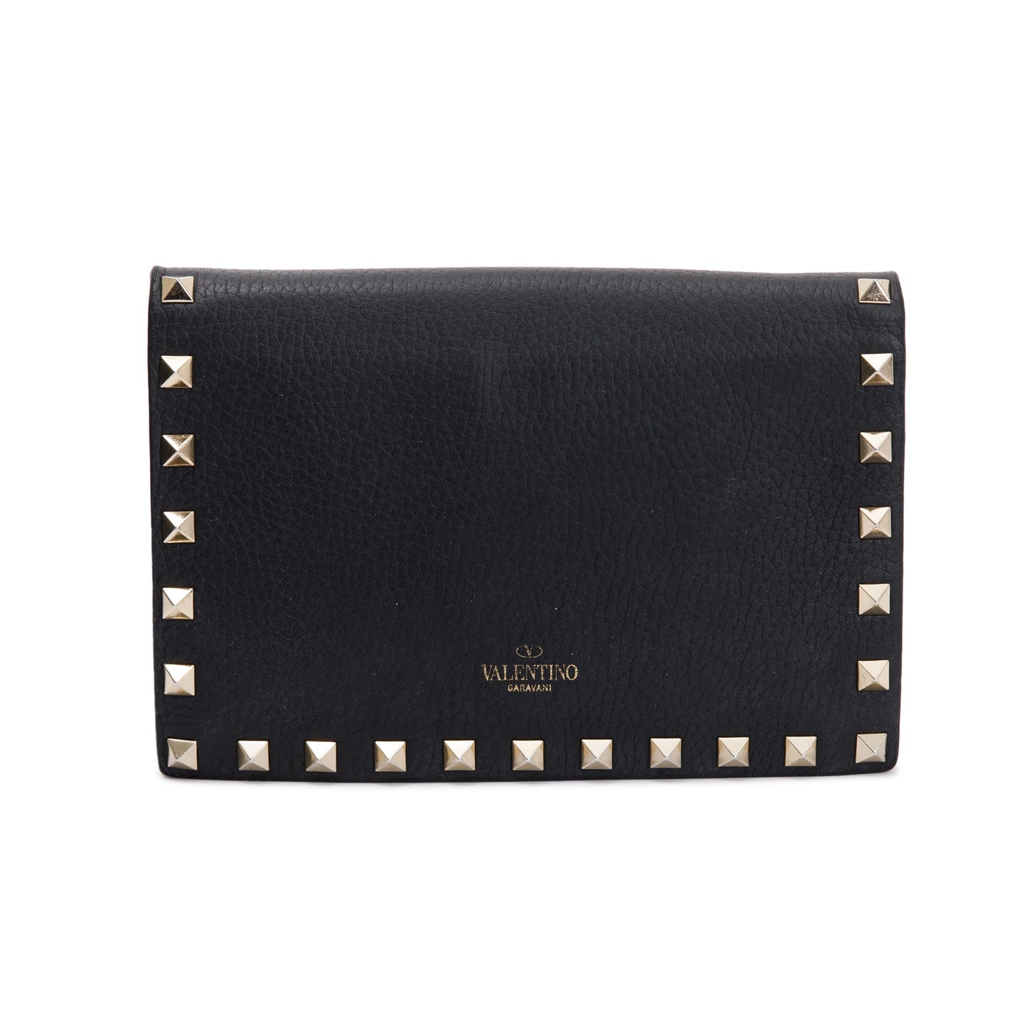 Valentino Black Pebbled Calfskin Rockstud Envelope Wallet on Chain