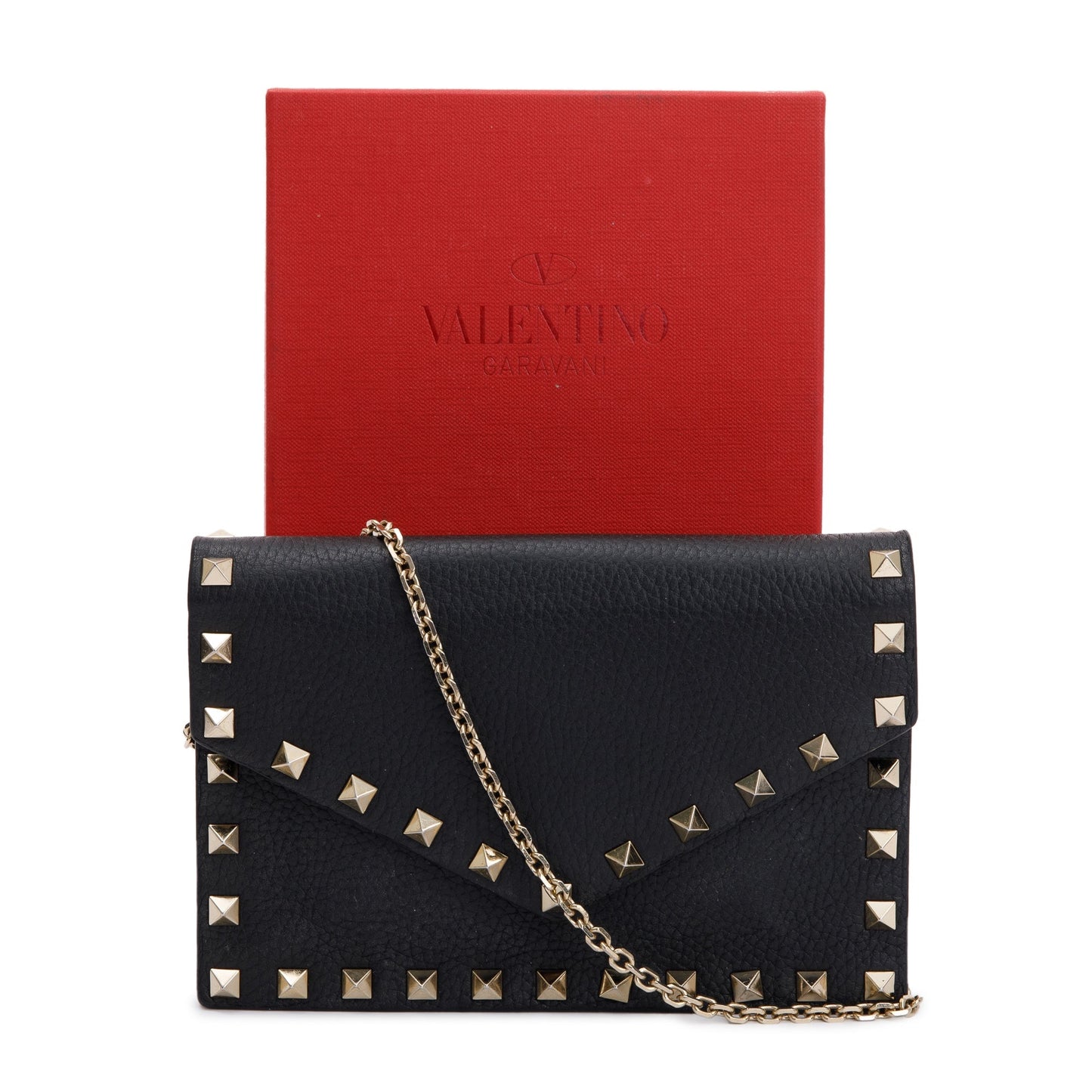 Valentino Black Pebbled Calfskin Rockstud Envelope Wallet on Chain