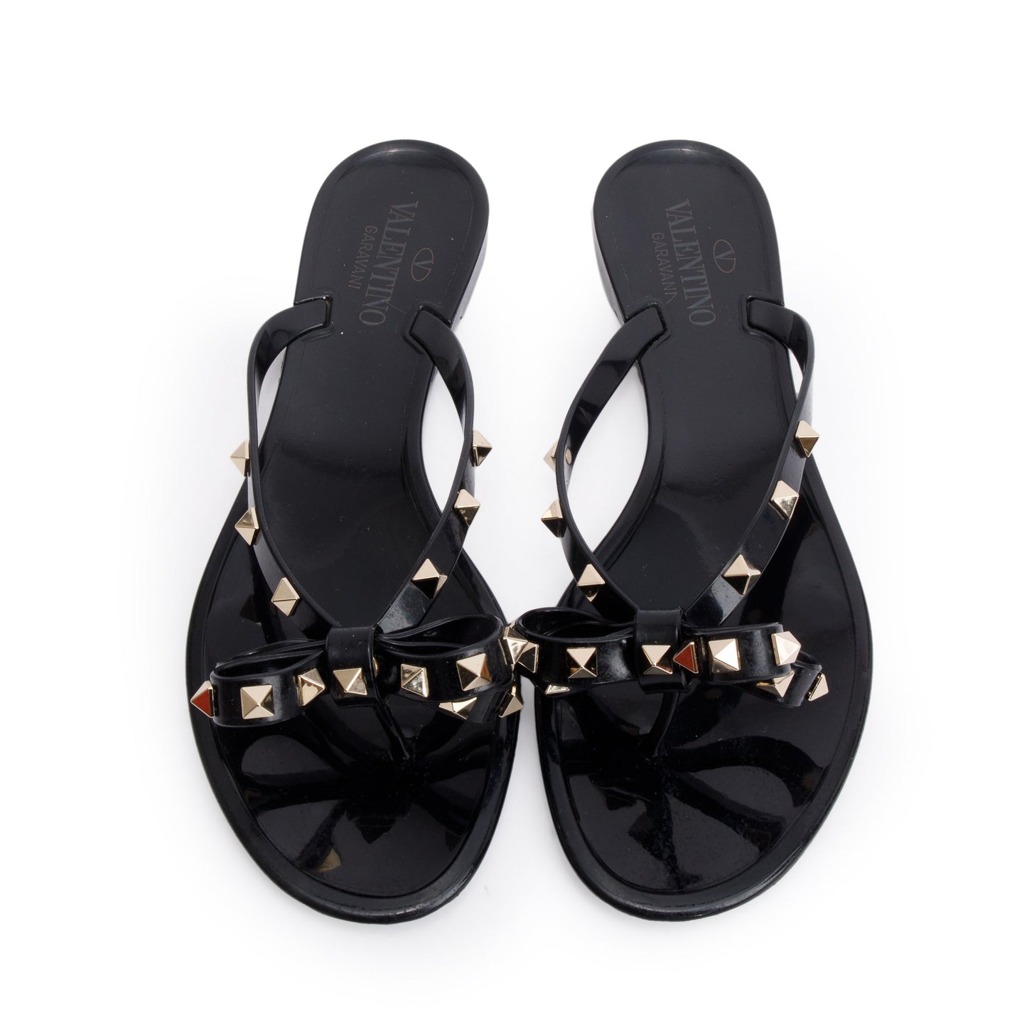 Valentino Black Rubber Bow Rockstud Jelly Thong Sandals, Size 40