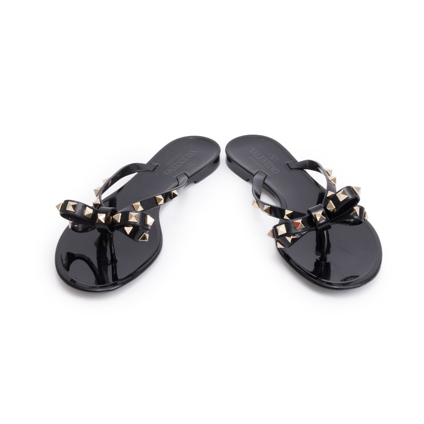 Valentino Black Rubber Bow Rockstud Jelly Thong Sandals, Size 40