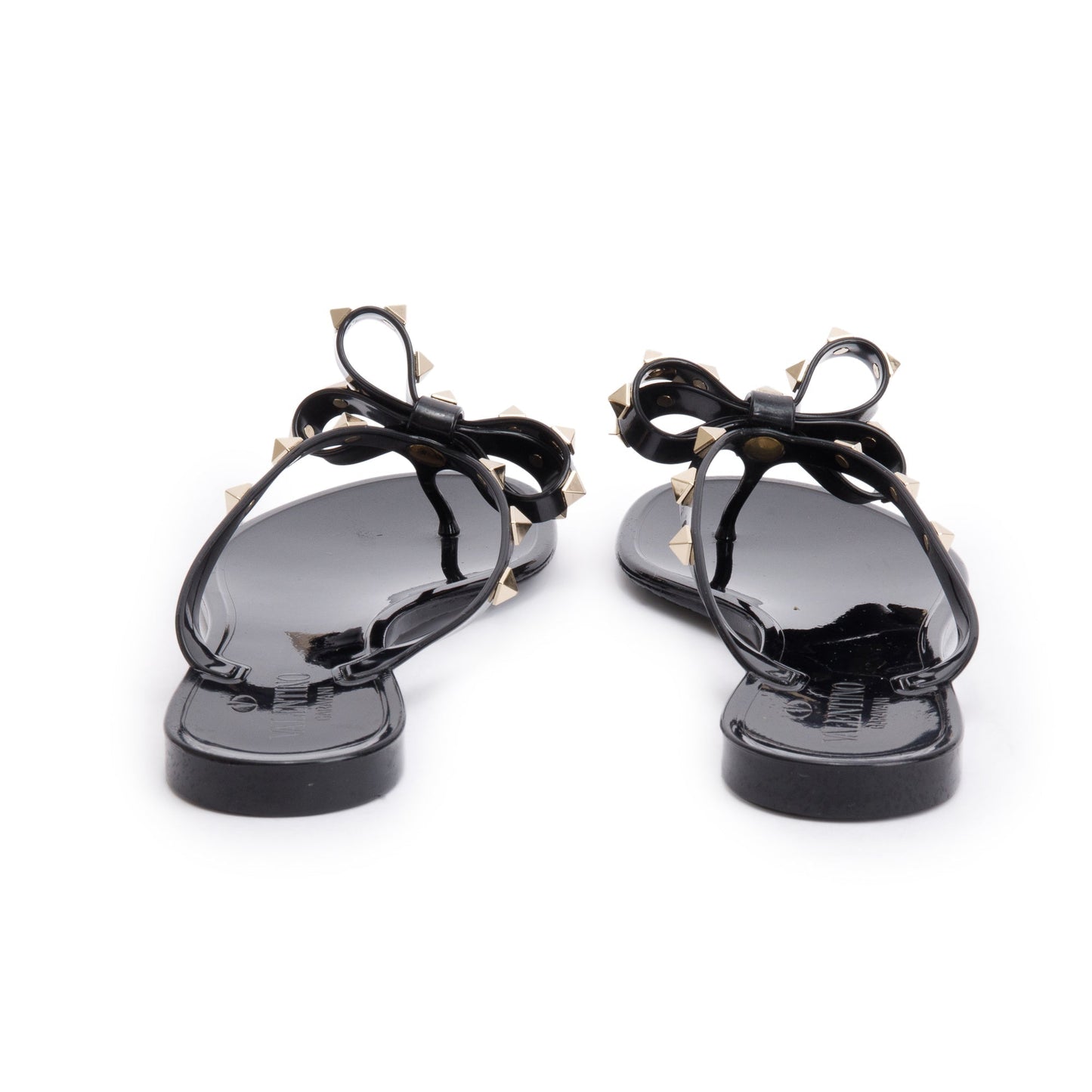 Valentino Black Rubber Bow Rockstud Jelly Thong Sandals, Size 40