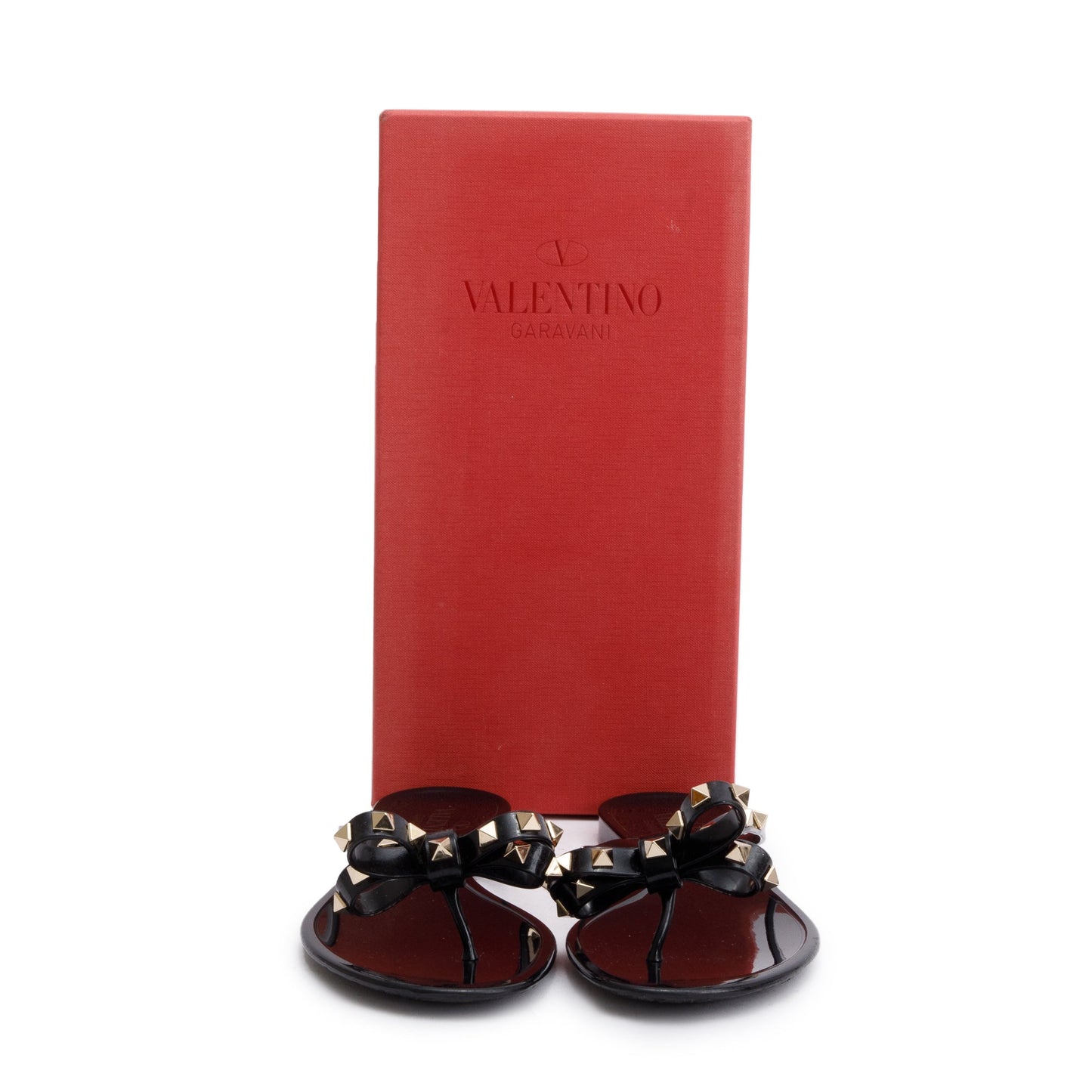 Valentino Black Rubber Bow Rockstud Jelly Thong Sandals, Size 40